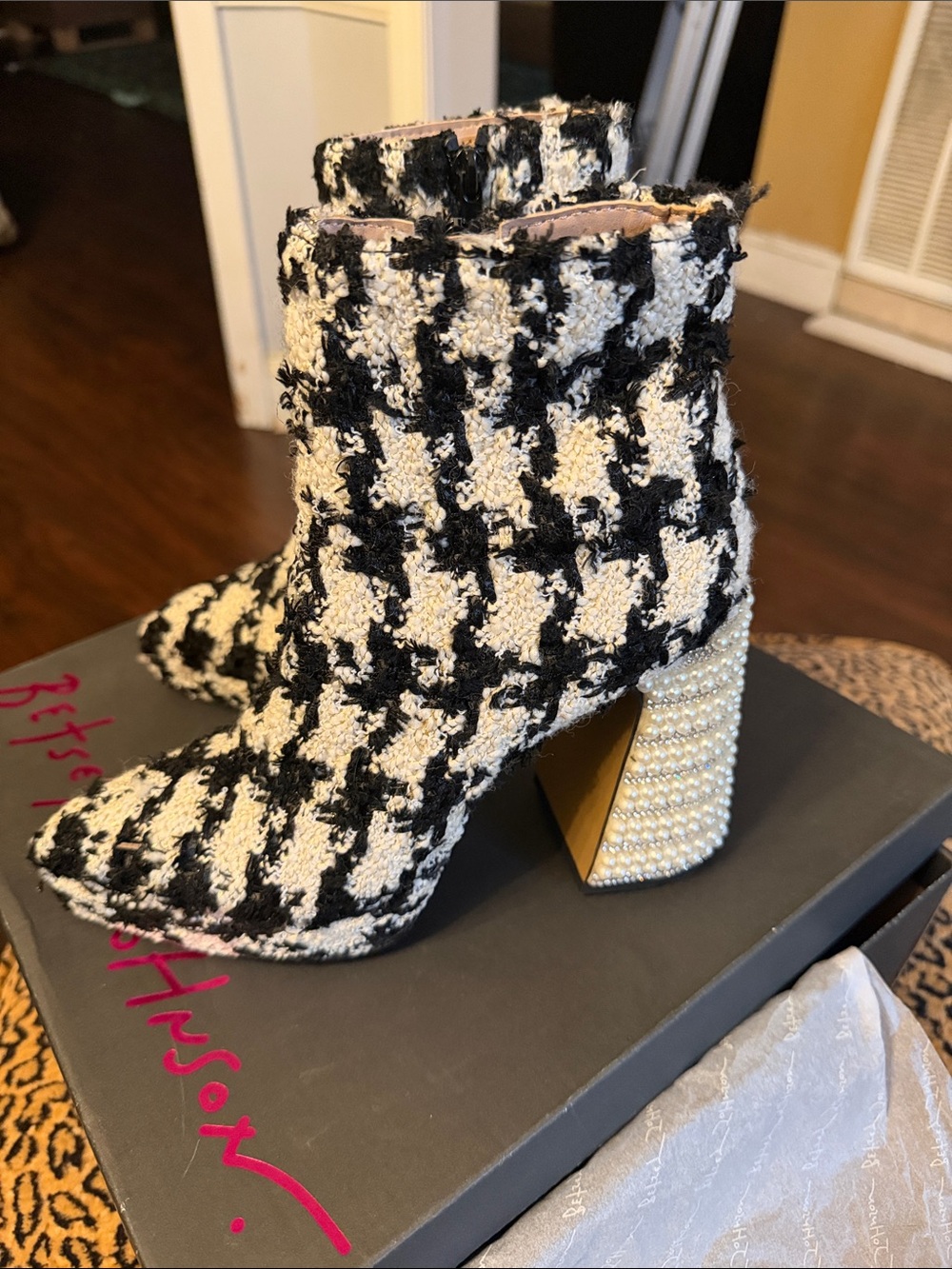 Black and White Houndstooth Tweed Ankle Boots with Pearl-Embellished Heel